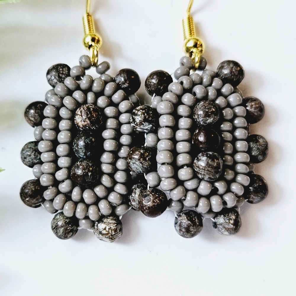 2/$27 | Charcoal Stone Shield Beaded Indigenous Hoop Earrings | Handmade